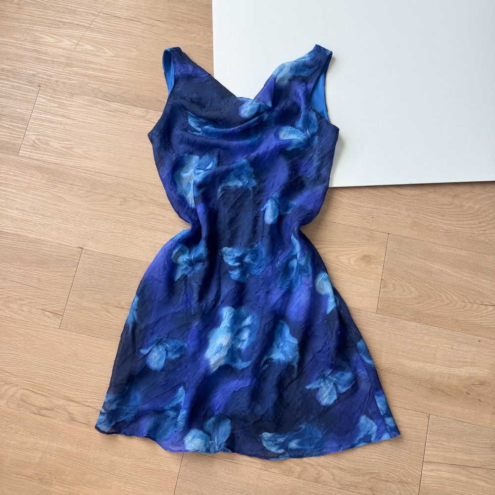 Vintage Y2K Blue Dress Watercolor Floral Crinkle Chiffon Cowl Neck Large Whimsy